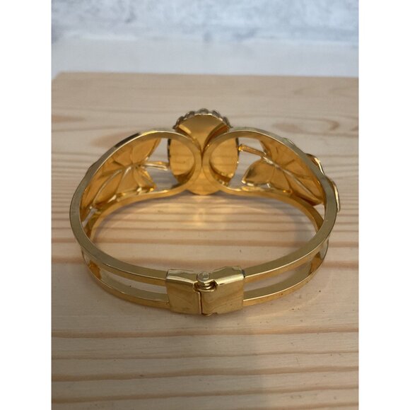 Gold-Tone Leaf & Faux Stone Inlay Hinged Bracelet With Secure Hinged Clasp - Picture 6 of 7